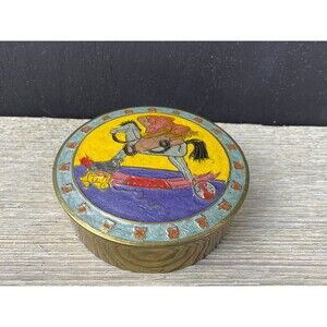 Vintage Enamel Brass Trinket Box, Cloisonne Box, Rocking Horse, Lidded Brass Box